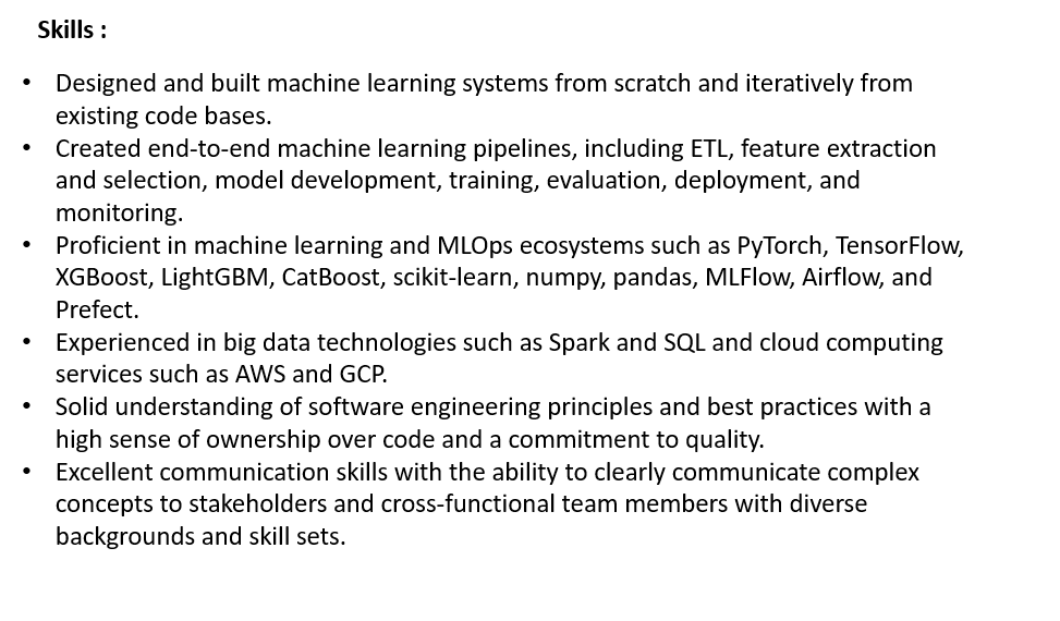 Machine Learning resume